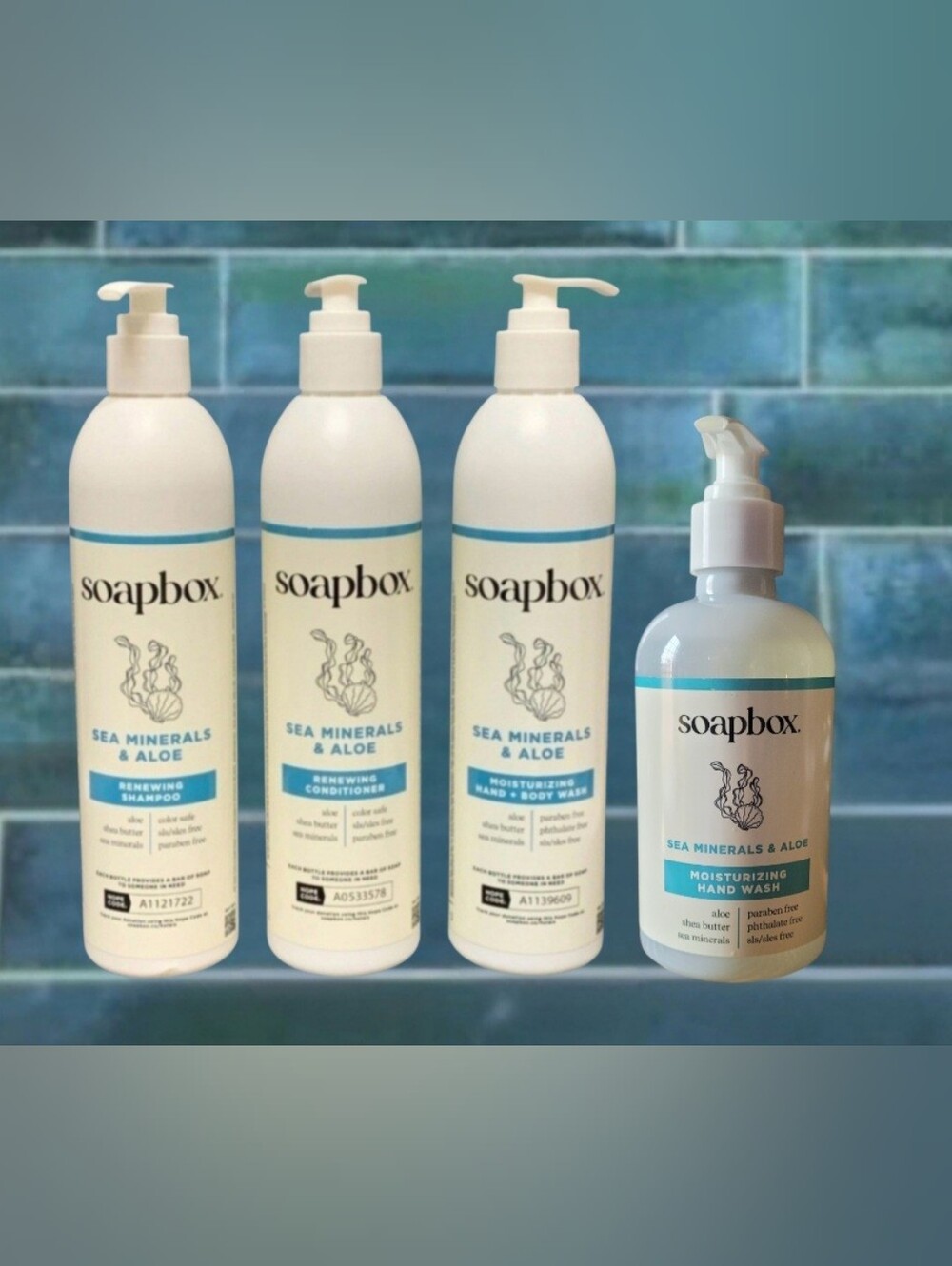 SOAPBOX SEA MINERALS & ALOE RENEWING SHAMPOO  CONDITIONER AND HAND & BODY WASH